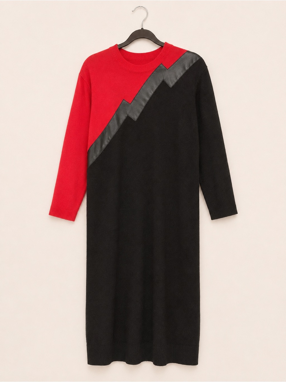 Vintage D’Allert Sweater Dress Size 12 Red Black Leather Trim 80s Bowie